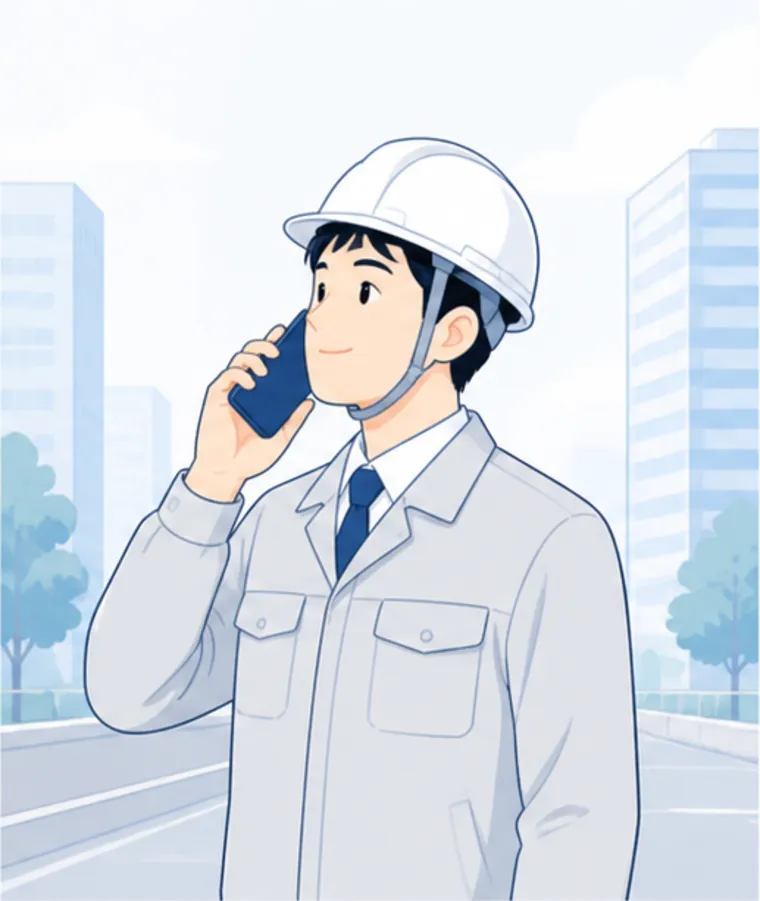 An illustration of a site worker in a hard hat talking on a smartphone