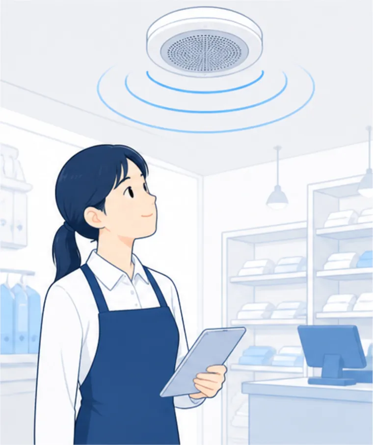 An illustration of store staff listening to an announcement from the ceiling speakers