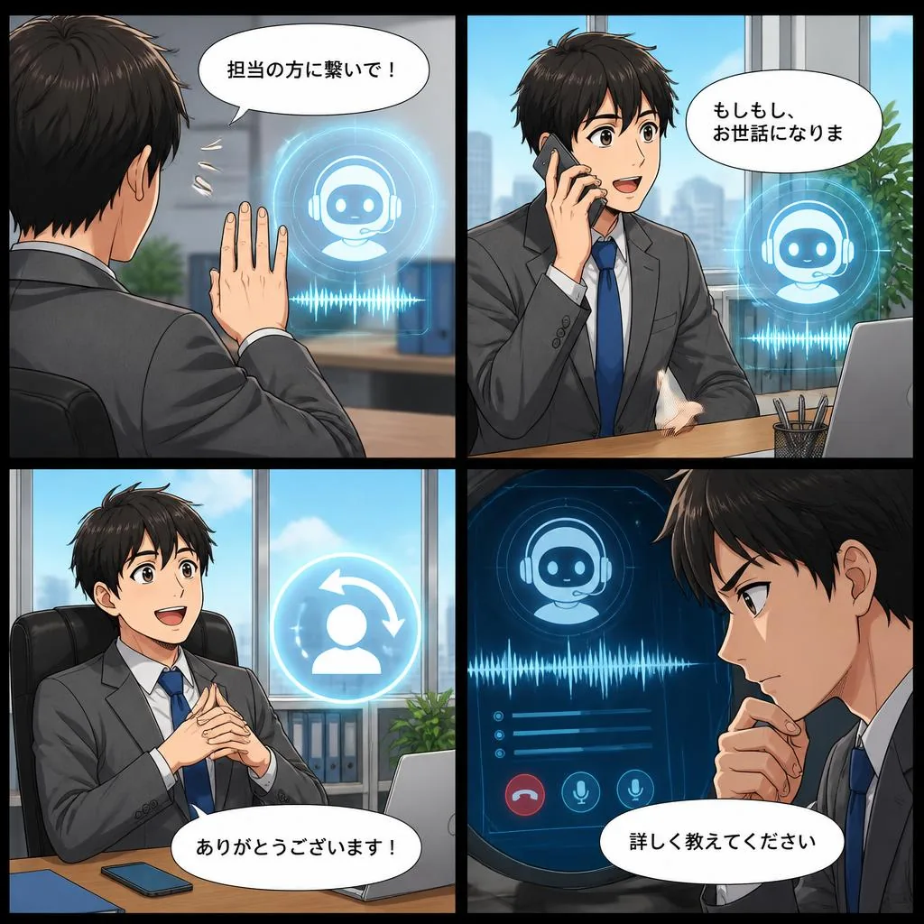 AGEphone Cowork が通話内容を4コマ漫画で自動生成した例