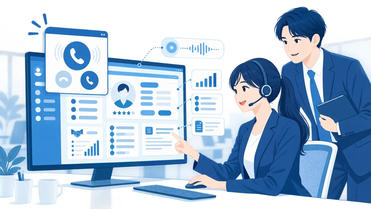 An office illustration in which customer details appear on screen as a call arrives, while two colleagues — one wearing a headset — look at the display