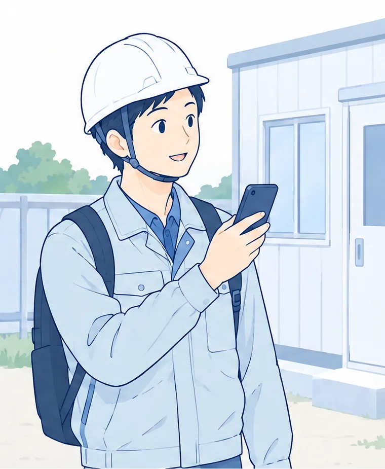 ヘルメットを着けた現場の担当者が、仮設事務所の前でスマートフォンを使うイラスト