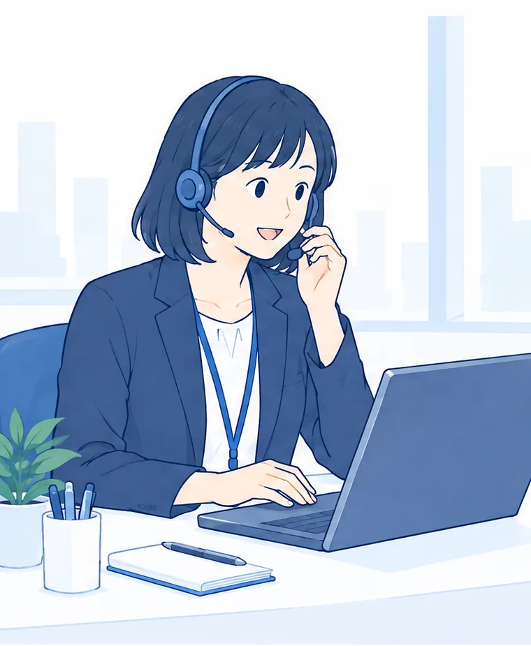 ヘッドセットを着け、ノートパソコンで顧客情報を確認しながら電話に応対する担当者のイラスト