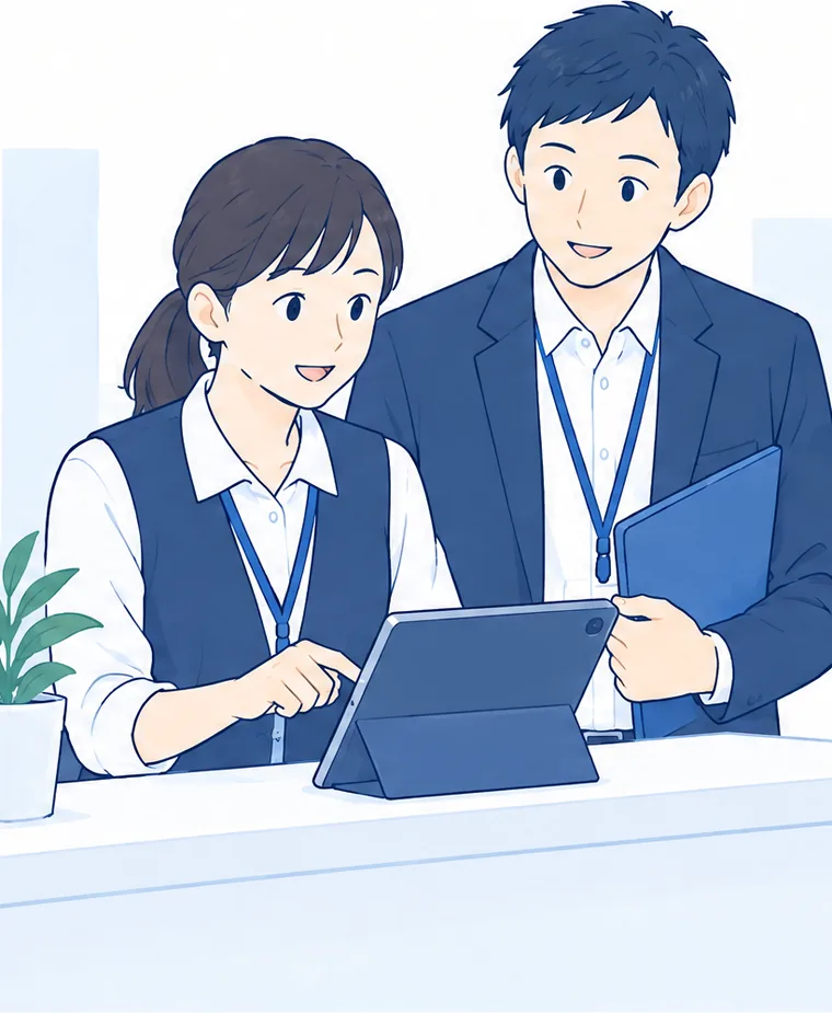 店舗のカウンターでタブレットを操作する受付担当者と、すぐ横で支える上長のイラスト