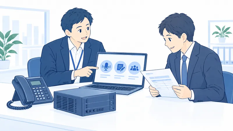 卓上の電話機と既存のPBXを前に、担当者が録音・メモ・応援のアイコンが並ぶ画面を示し、お客様の担当者が設備の一覧を確かめるイラスト