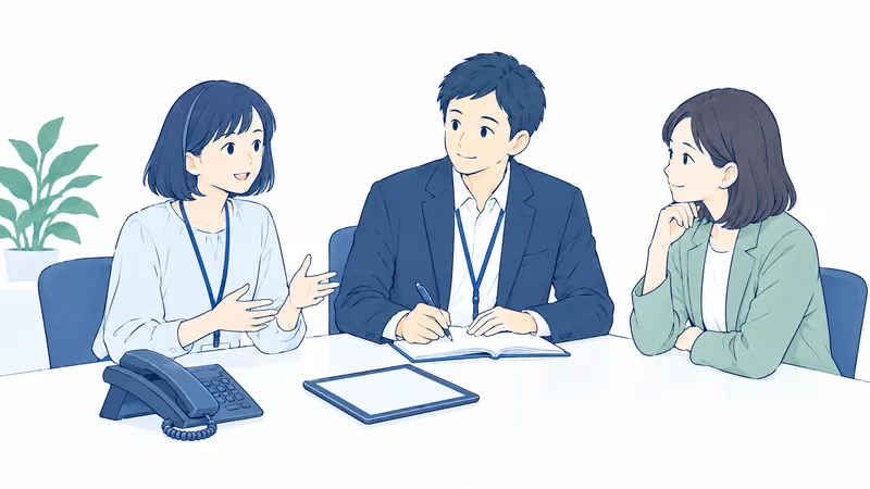 テーブルを囲み、現場の担当者が窓口の状況を話し、相談相手がメモを取りながら耳を傾けるイラスト