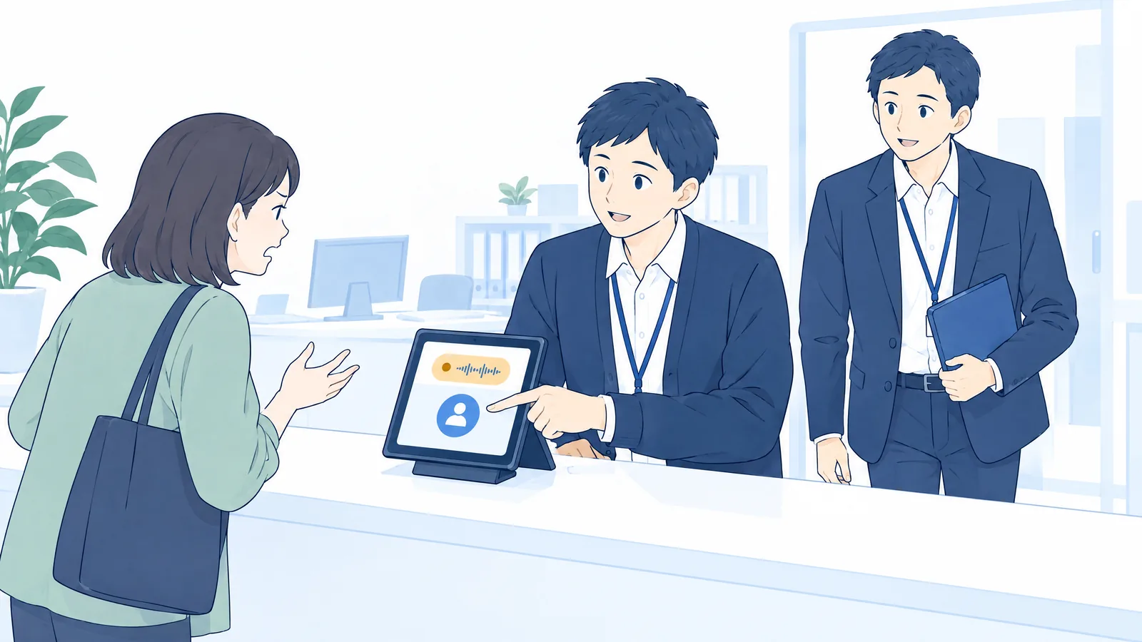 窓口で不満を伝えるお客様に応対しながら、担当者がカウンターのタブレットの応援ボタンに触れ、奥から上長が歩み寄ってくるイラスト