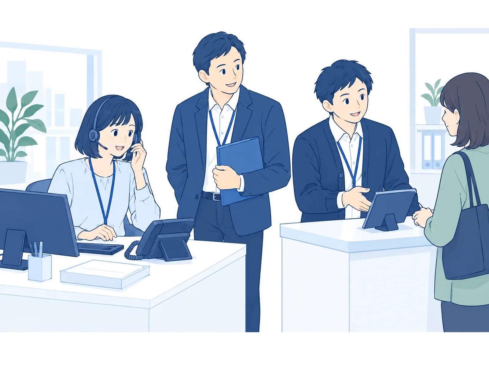 ヘッドセットで電話に応対する担当者と、窓口で来客に応対する担当者。その間に上長が立ち、両方を支えられるようにしているイラスト