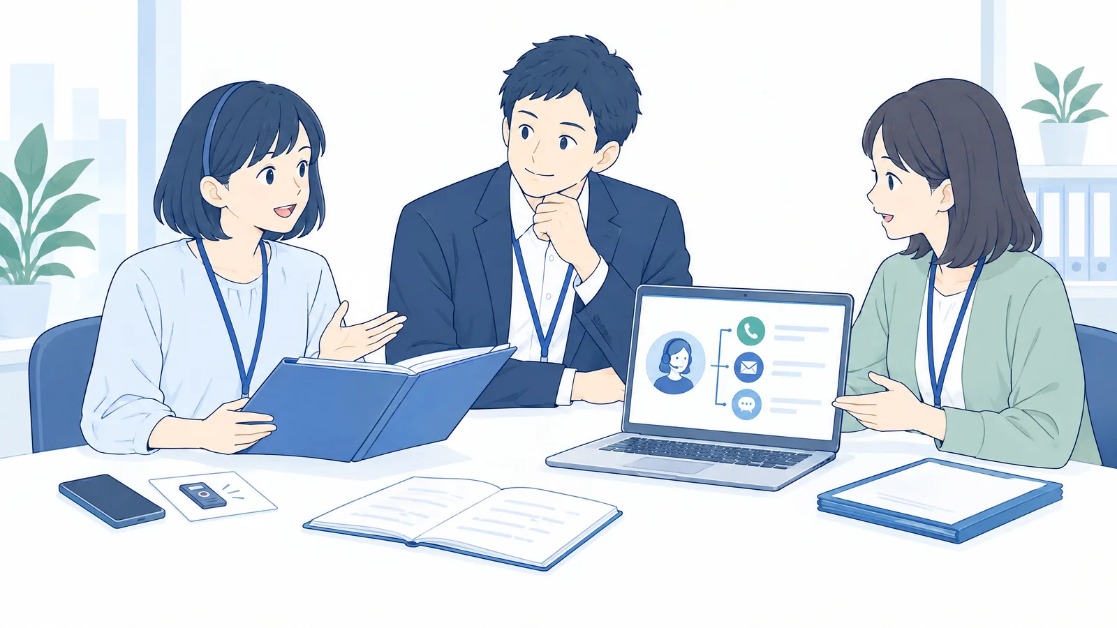 現場の担当者、上長、人事担当者が手順書と相談窓口の連絡先を見ながら、対応の進め方を話し合うイラスト