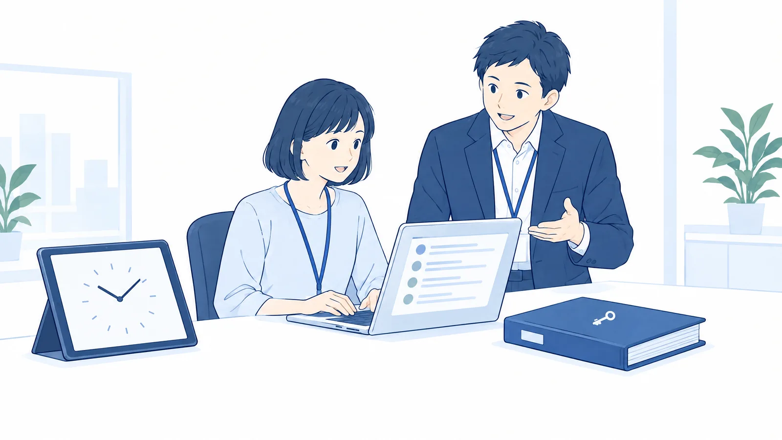 時計だけを表示した待機中のタブレット、鍵の付いた記録のファイル、権限のある担当者が記録の一覧を確認するノートパソコンと、閲覧ルールを相談する上長のイラスト