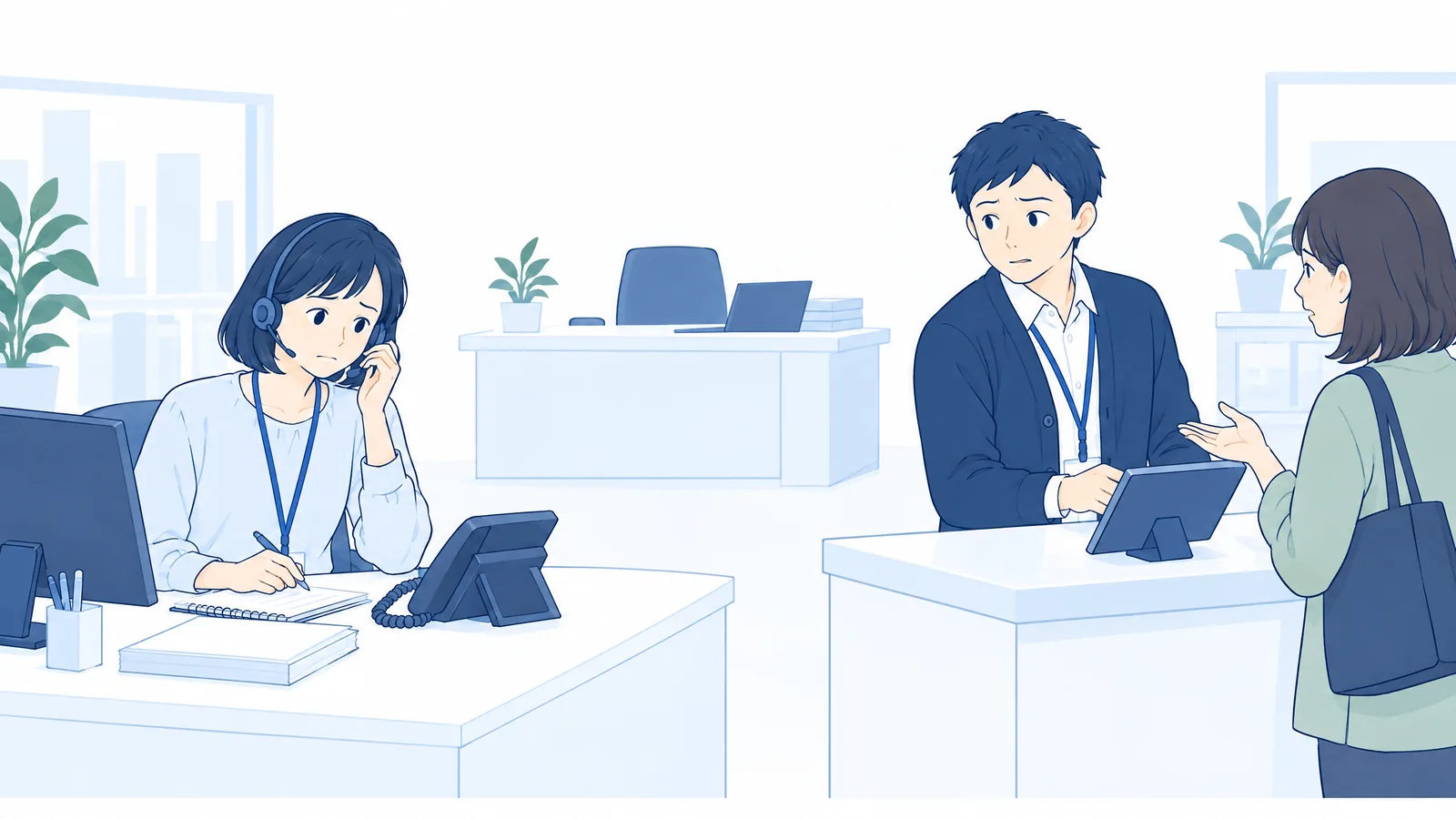 長い電話に困った表情で応対する担当者と、窓口で不満を伝えるお客様に応対しながら、空いた上長の席を振り返る担当者のイラスト