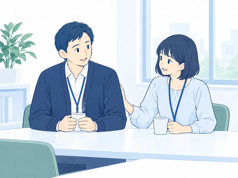 休憩室で温かい飲み物を手に、同僚に話を聞いてもらう担当者のイラスト