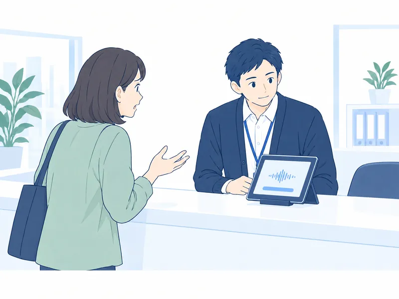 不満を話し始めたお客様の話を聞きながら、担当者がタブレットの表示を確認するイラスト