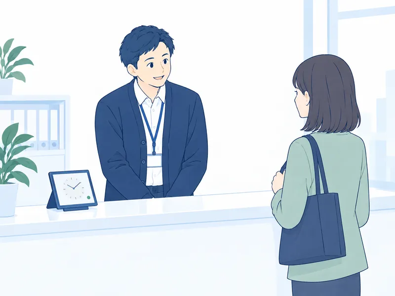 窓口で来客にあいさつする担当者と、カウンターに置かれた待機中のタブレットのイラスト