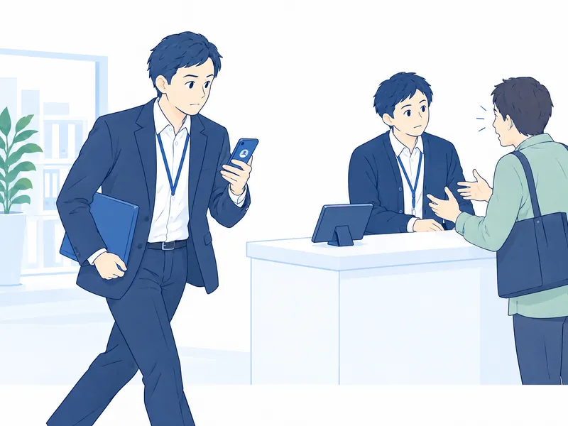 応援の連絡をスマートフォンで受けた上長が、お客様に応対中の窓口へ向かうイラスト