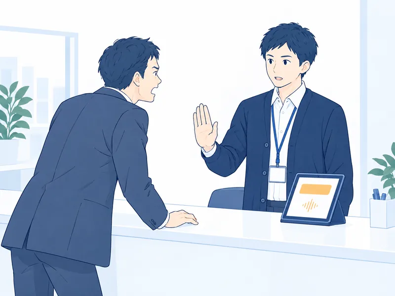 身を乗り出して強い口調で話すお客様に、担当者が手のひらを向けて落ち着いて伝えるイラスト