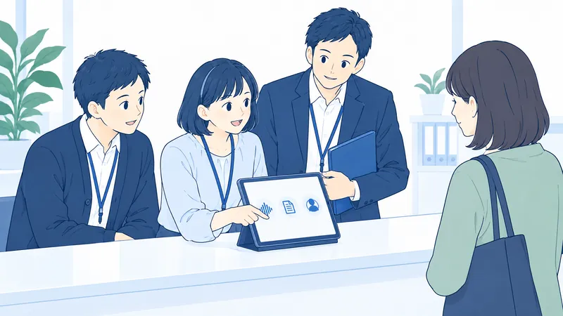 窓口のタブレットを指さしながら、担当者と上長が状況を一緒に確認しているイラスト