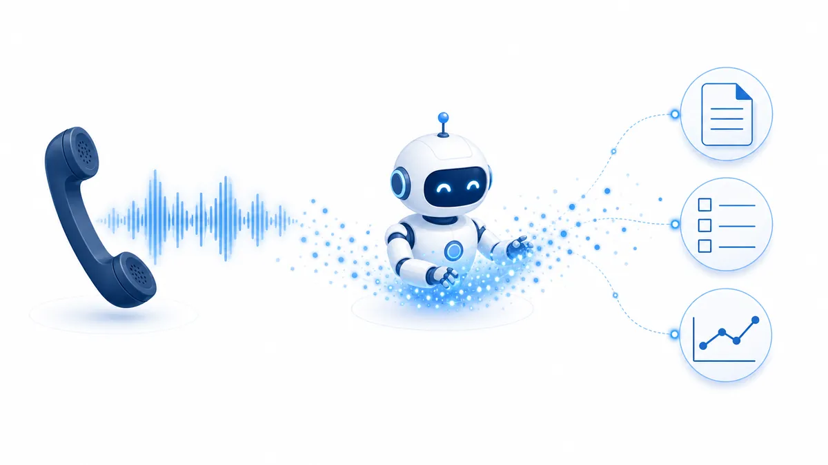 An illustration of AI taking call audio and turning it into documents, checklists and charts