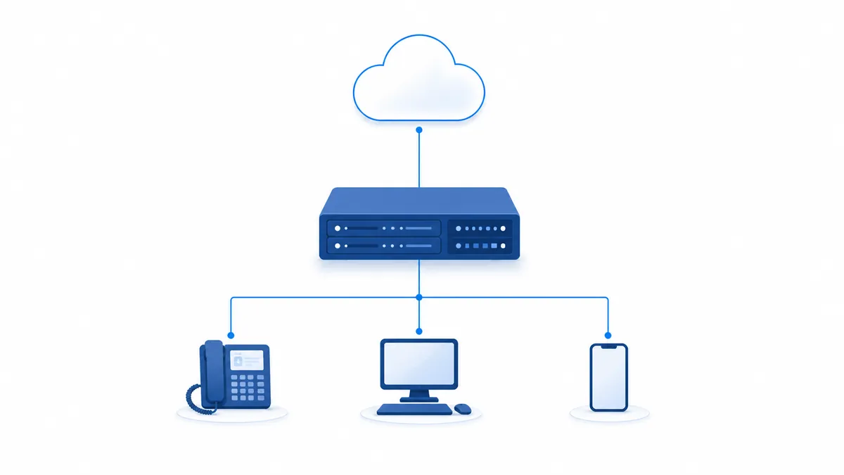 Architecture diagram: cloud (SIP trunk and AI services) — the AGEphone Cowork server — desk phones, PC browsers and smartphones