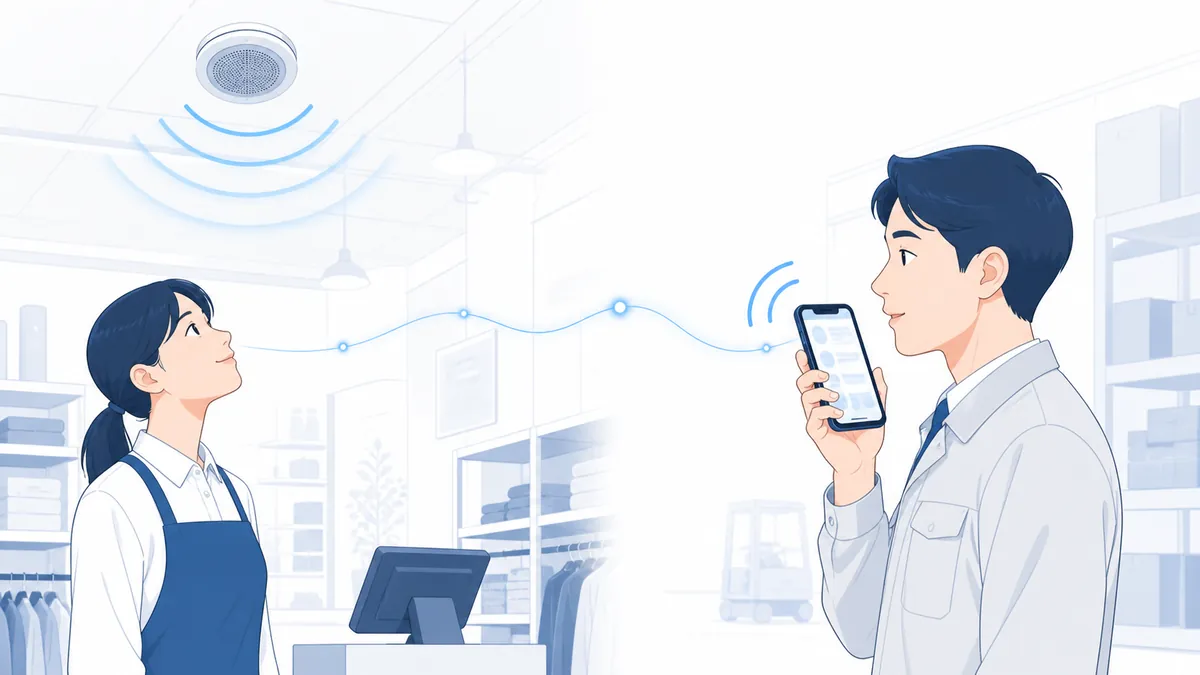 An illustration of an announcement playing through ceiling speakers in a store while staff on the floor use their phones as radios
