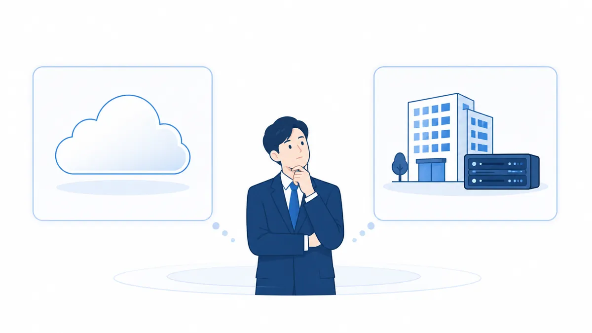 An illustration of a businessperson weighing up replacing the PBX against keeping it and adding capability