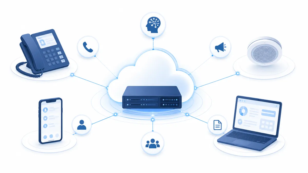An overview of AGEphone Cowork: desk phones, smartphones, PC browsers and ceiling speakers all connected to a single PBX server that provides AI, customer management, broadcast and document features