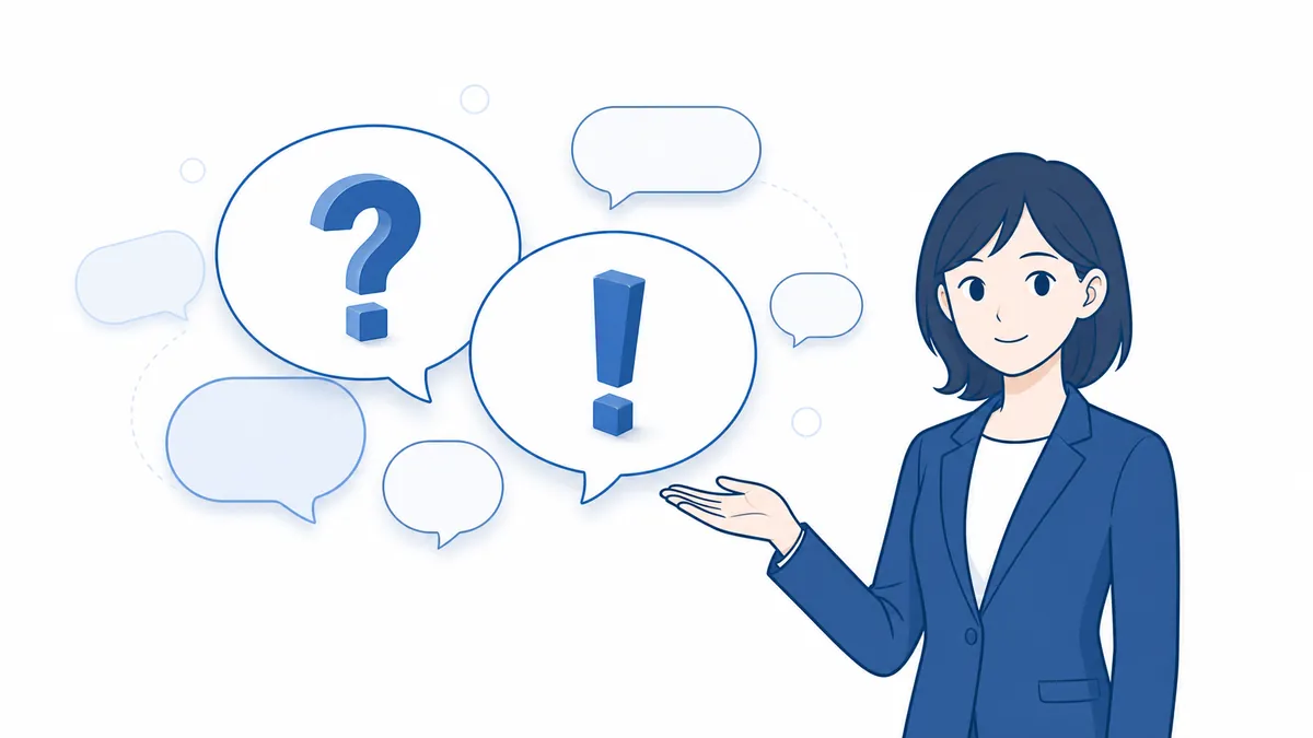 An illustration of a member of staff presenting question and answer speech bubbles