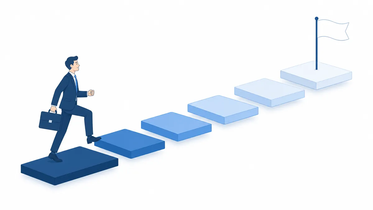 An illustration of a businessperson climbing a series of steps