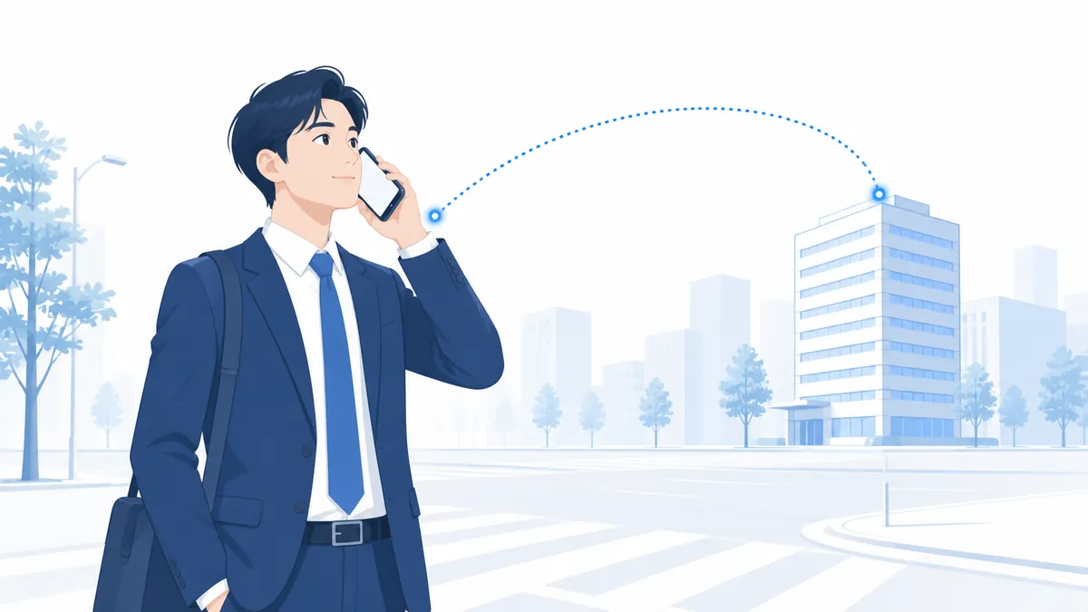 An illustration of a businessperson away from the office, taking a company extension call on a smartphone