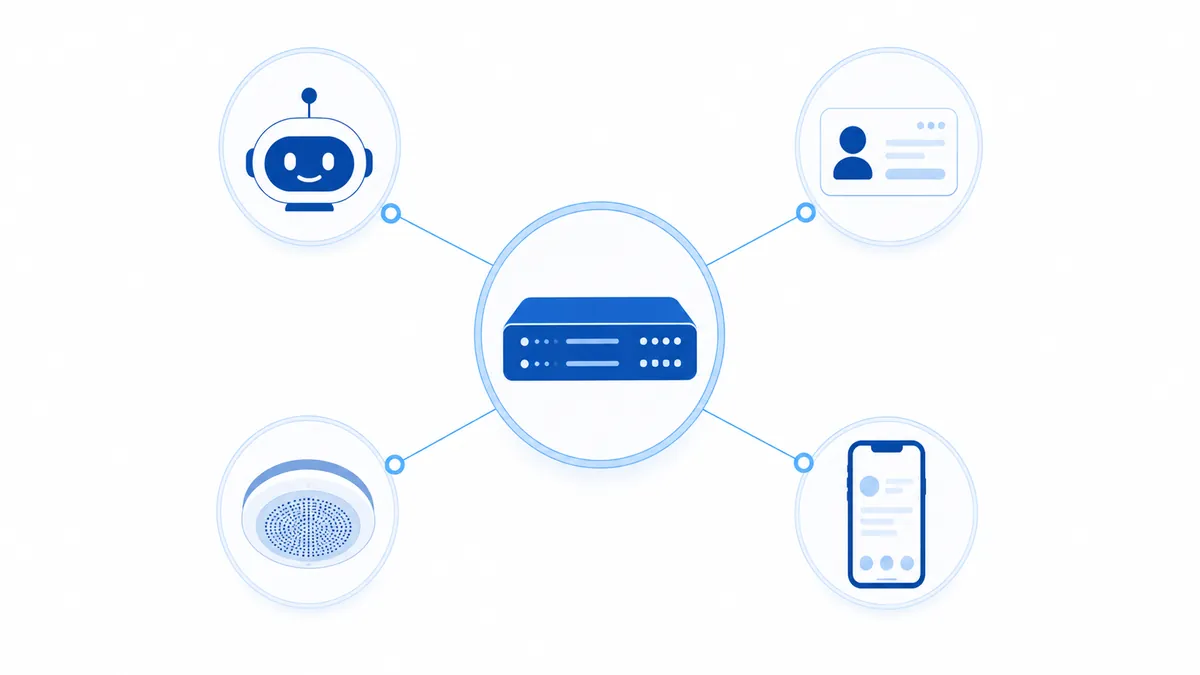 A conceptual diagram with the PBX server at the center, joined to AI, customer management, broadcast and smartphone extensions