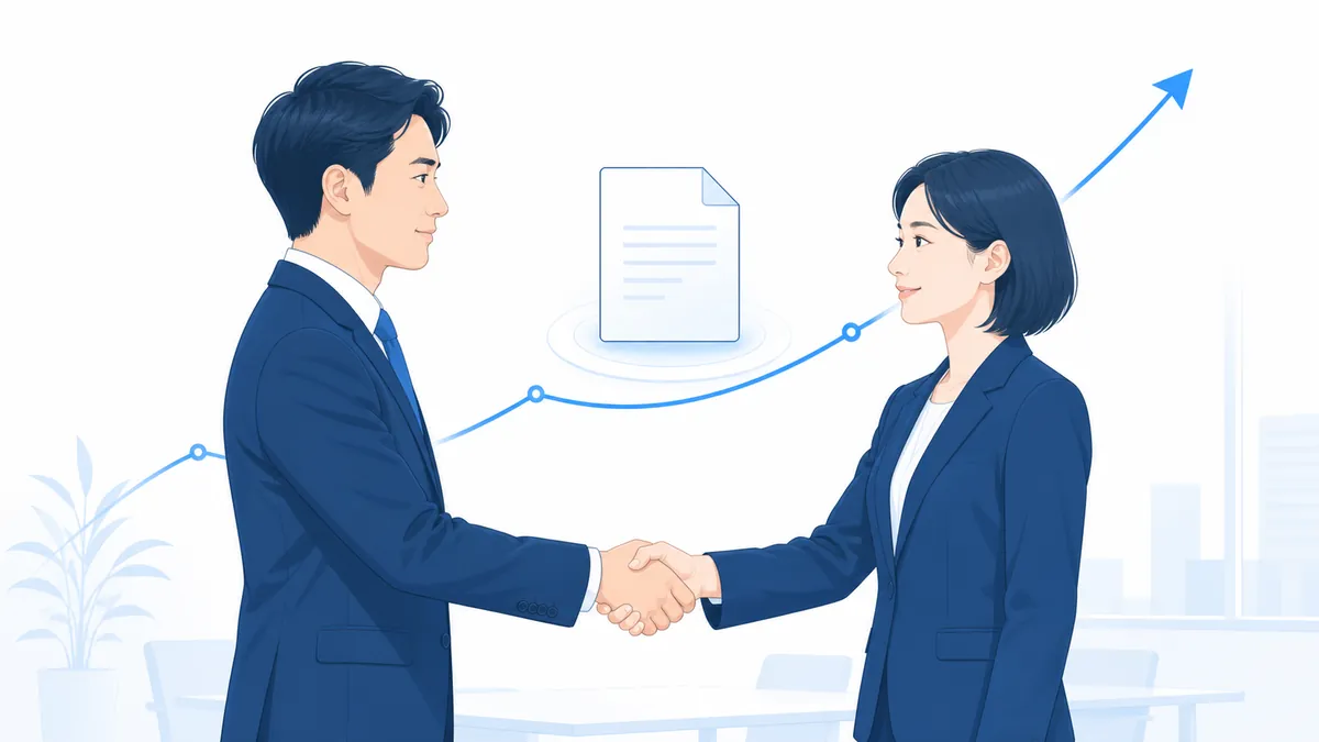 An illustration of business partners shaking hands beside a rising chart