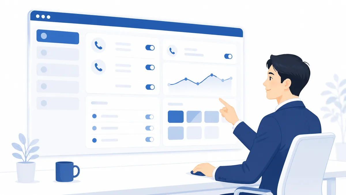 An illustration of an administrator working in the PBX management dashboard