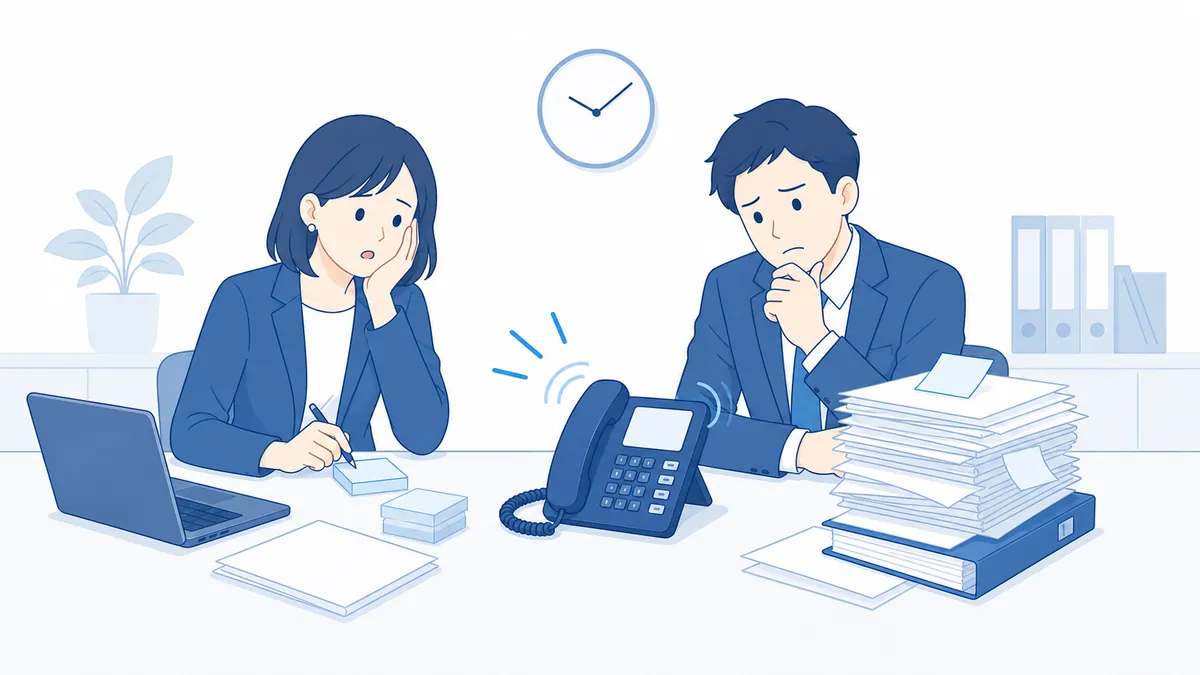 An illustration of two employees struggling with a phone that keeps ringing and a pile of paperwork