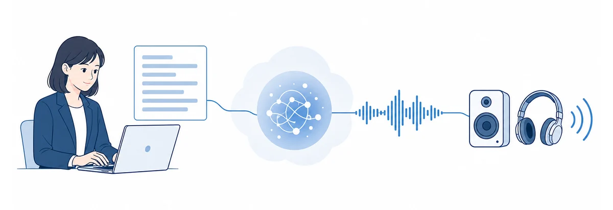 An illustration of a script typed by a member of staff being turned into a waveform by a cloud AI speech engine and played back through speakers and headsets