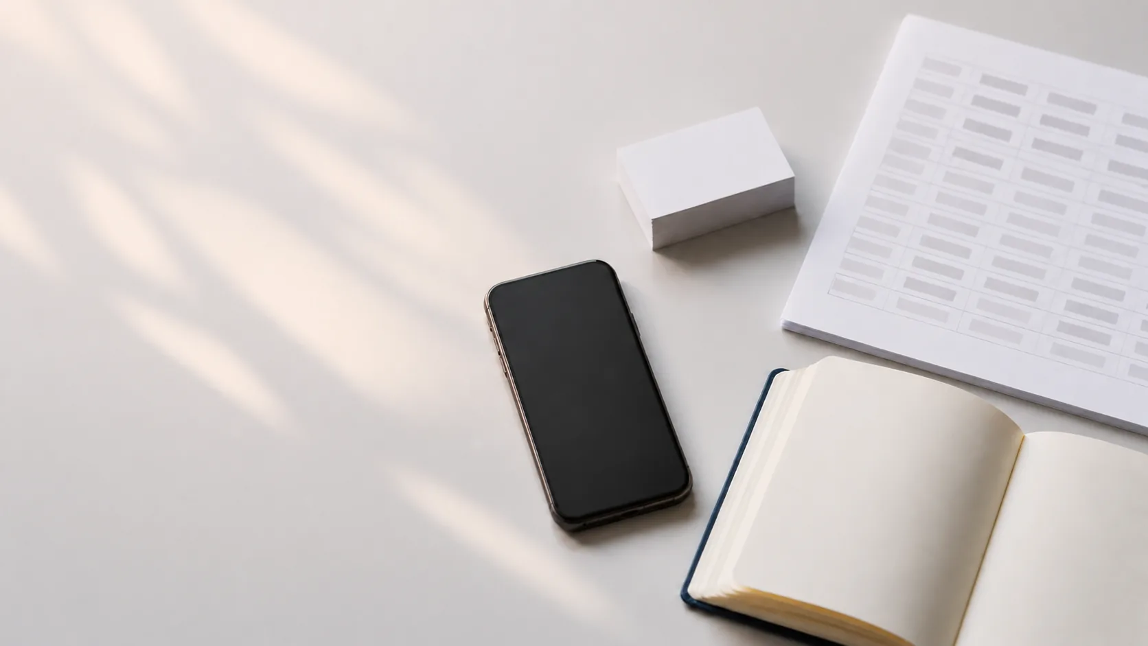 名刺、表計算の印刷物、スマートフォン、手帳に連絡先が分散した机