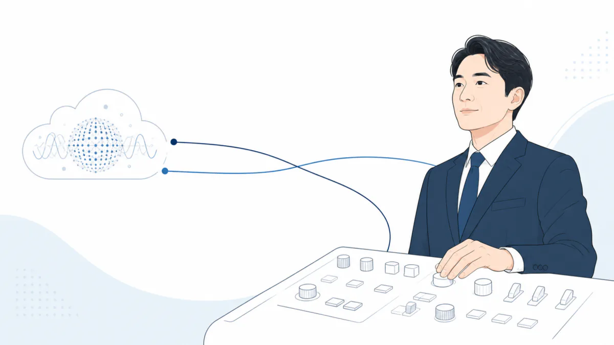 An illustration of the AI's audio in the cloud running down to a mixing desk, where an administrator works the controls