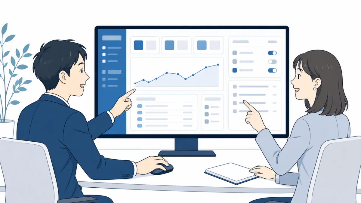 An illustration of two colleagues pointing at charts and settings from the console on a large monitor