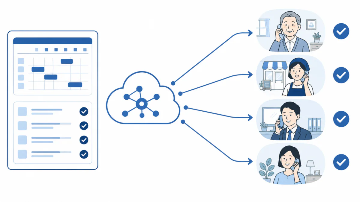 An illustration of AI in the cloud working through a calendar and checklist, calling customers one after another and ticking each one off