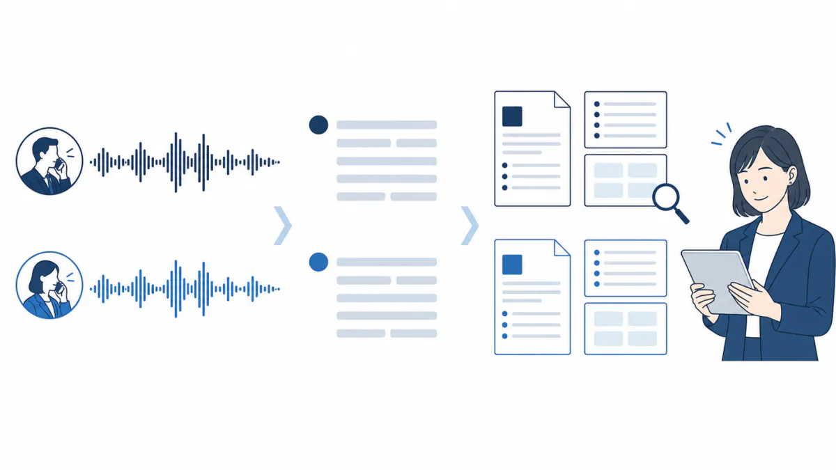 An illustration of two waveforms — the customer and AI — turning into a transcript and a summary card that someone reviews on a tablet