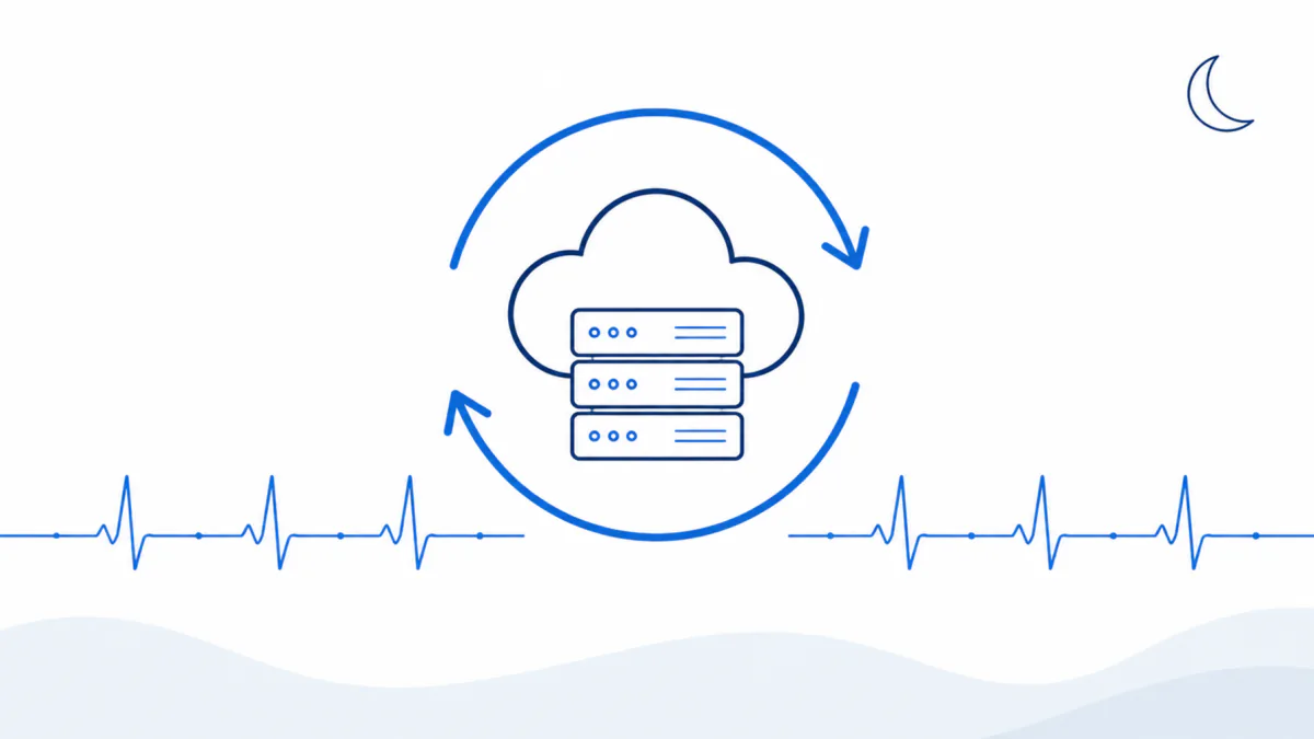 An illustration of a cloud server encircled by a cycle arrow, with a heartbeat-like trace running left and right, keeping going through the night