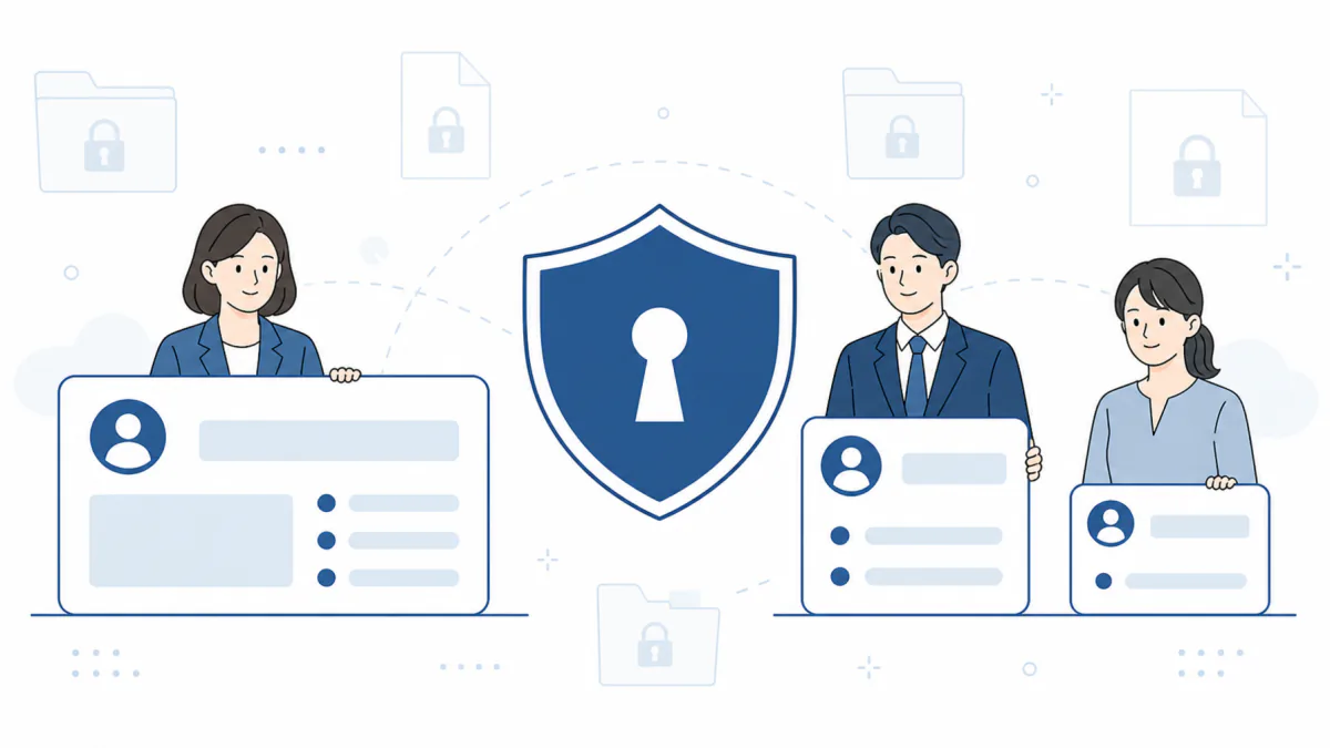 An illustration centered on a shield with a keyhole, with three people holding role cards and a row of locked folders
