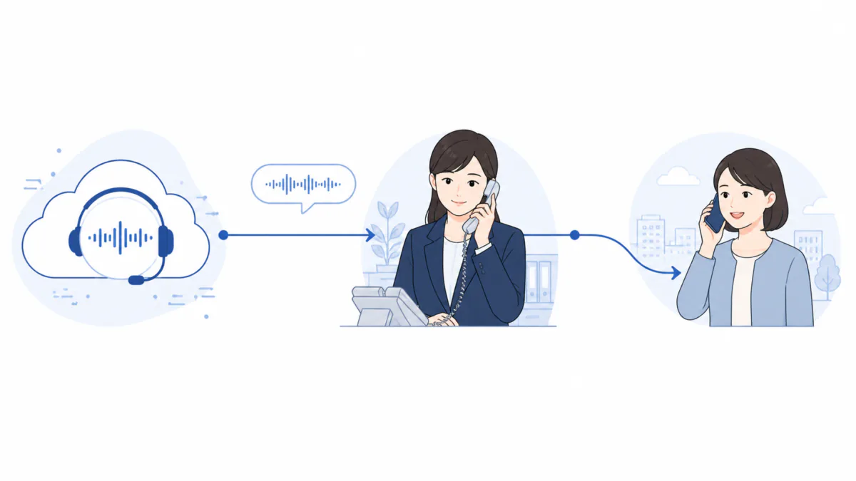 An illustration of AI in the cloud taking a call on a headset and passing it to a colleague's extension in the office, then on to a colleague's smartphone out of the office
