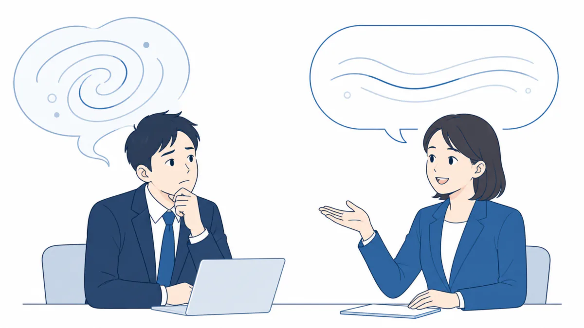 An illustration of someone puzzling over a laptop while a colleague explains, gesturing as she goes