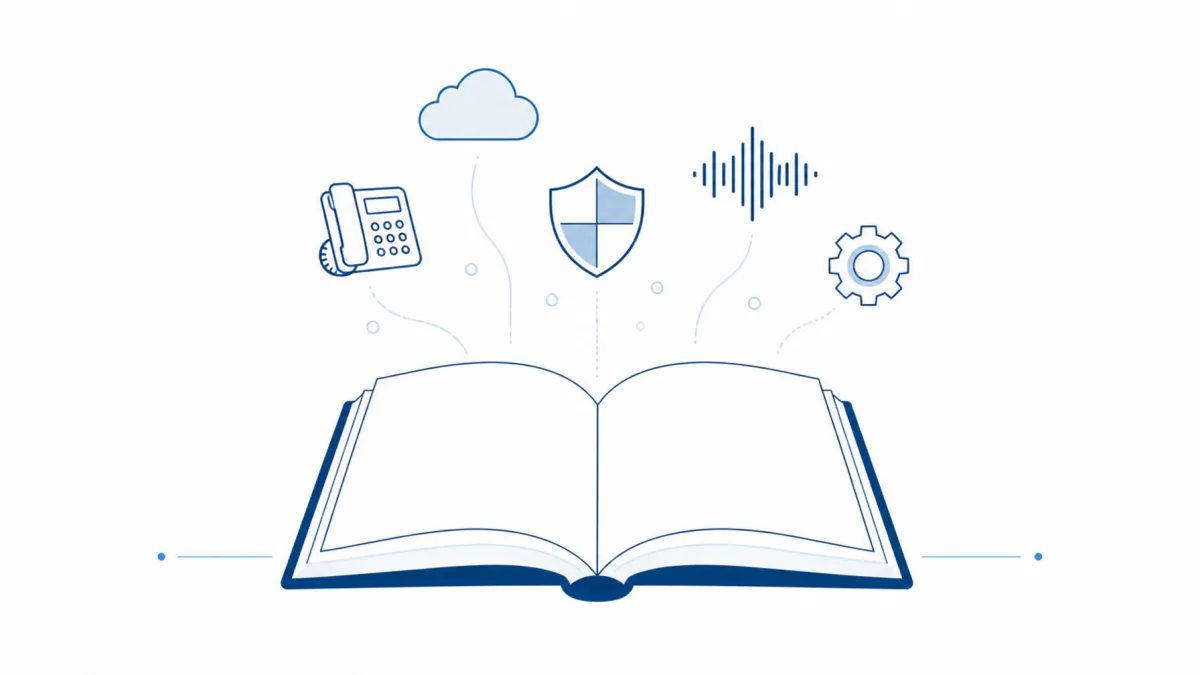 An illustration of a handset, a shield, a waveform, a gear and a cloud rising out of an open book