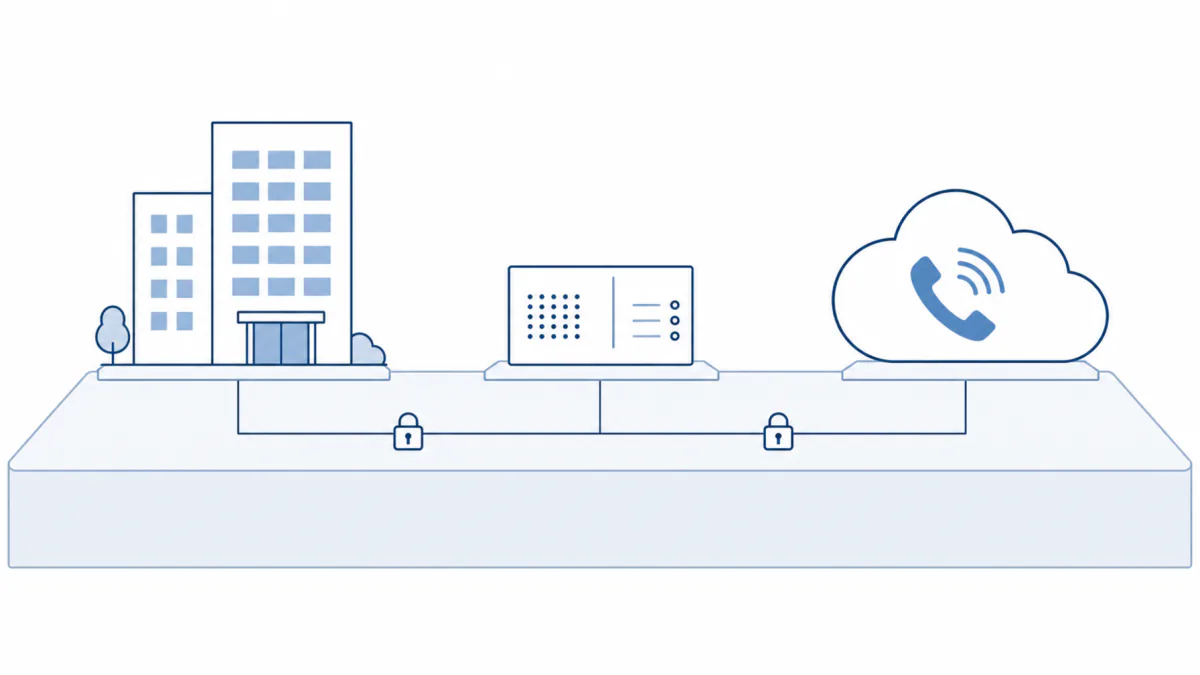 An illustration of an office building, a PBX server and a cloud telephony service joined by encrypted links marked with padlocks