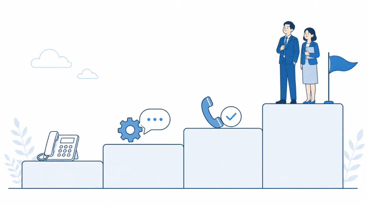 An illustration of the rollout steps: a handset, a configuration gear, a checked handset, and two people planting a flag at the top of a flight of stairs