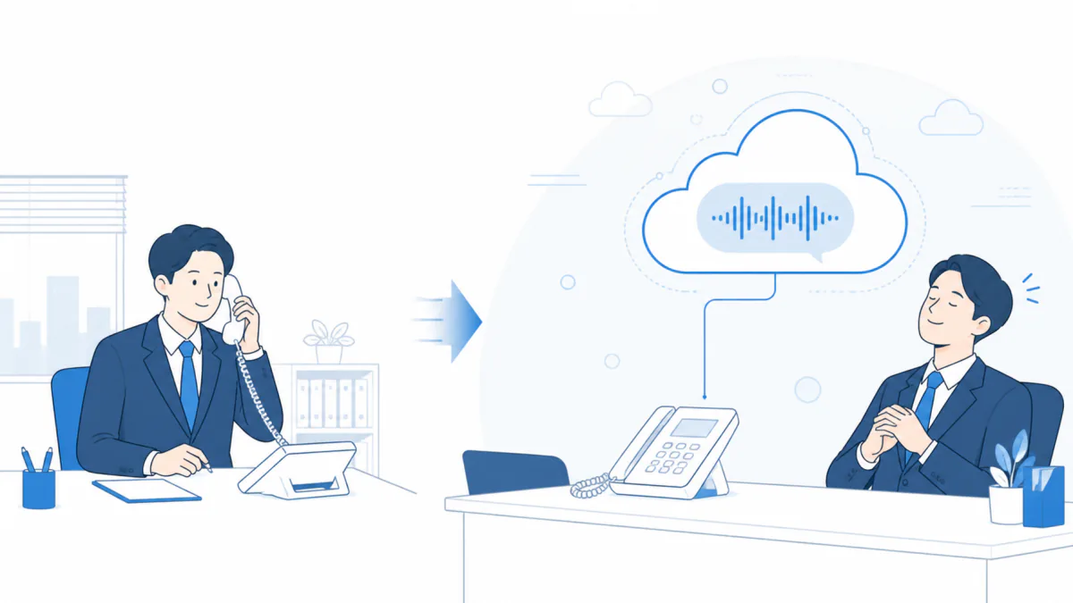 An illustration in which AI in the cloud takes over the work of the person who used to pick up the handset, leaving them free to get on with their own job