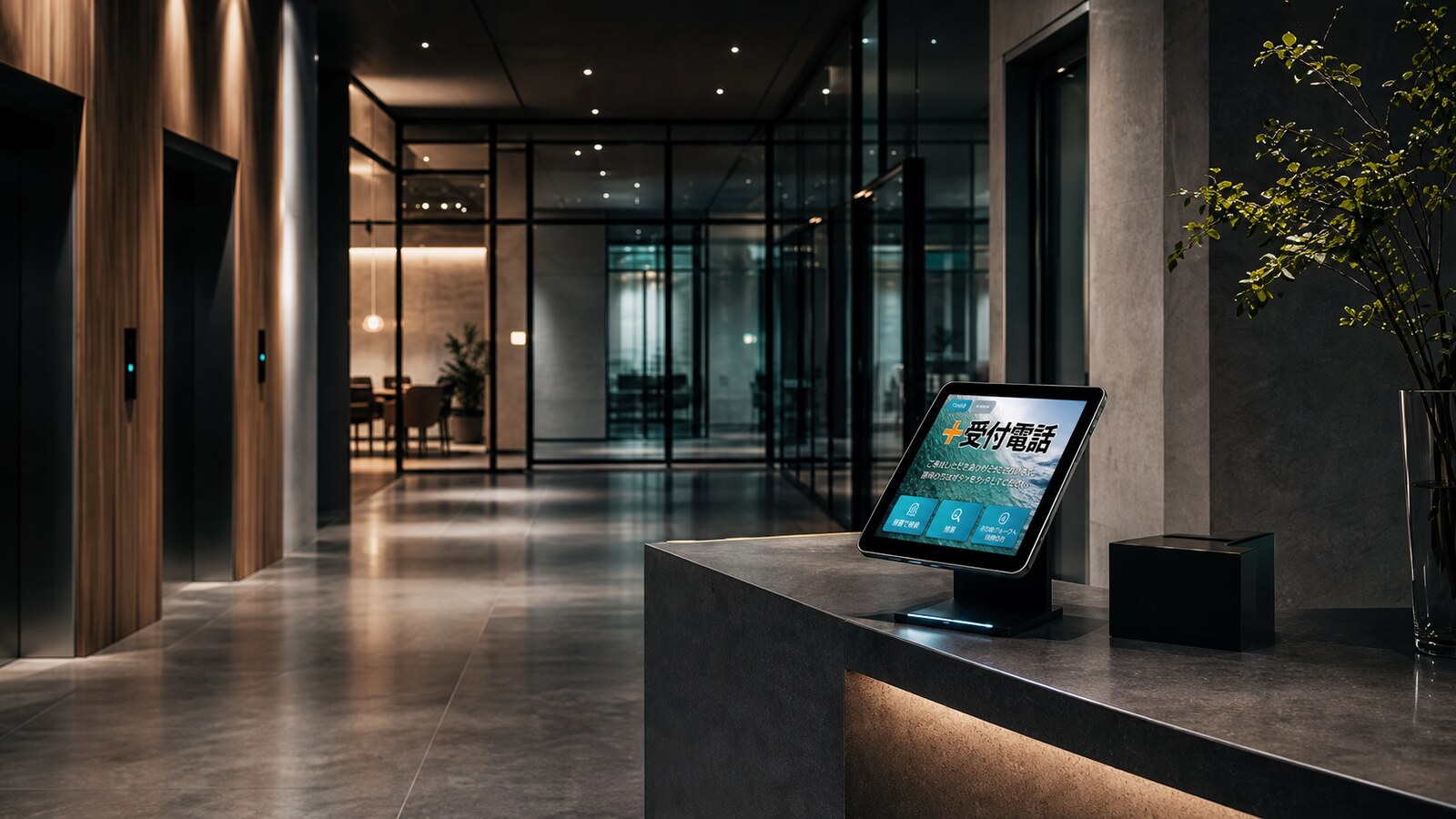 ＋受付電話Cloudの受付画面を表示した無人受付タブレットのイメージ