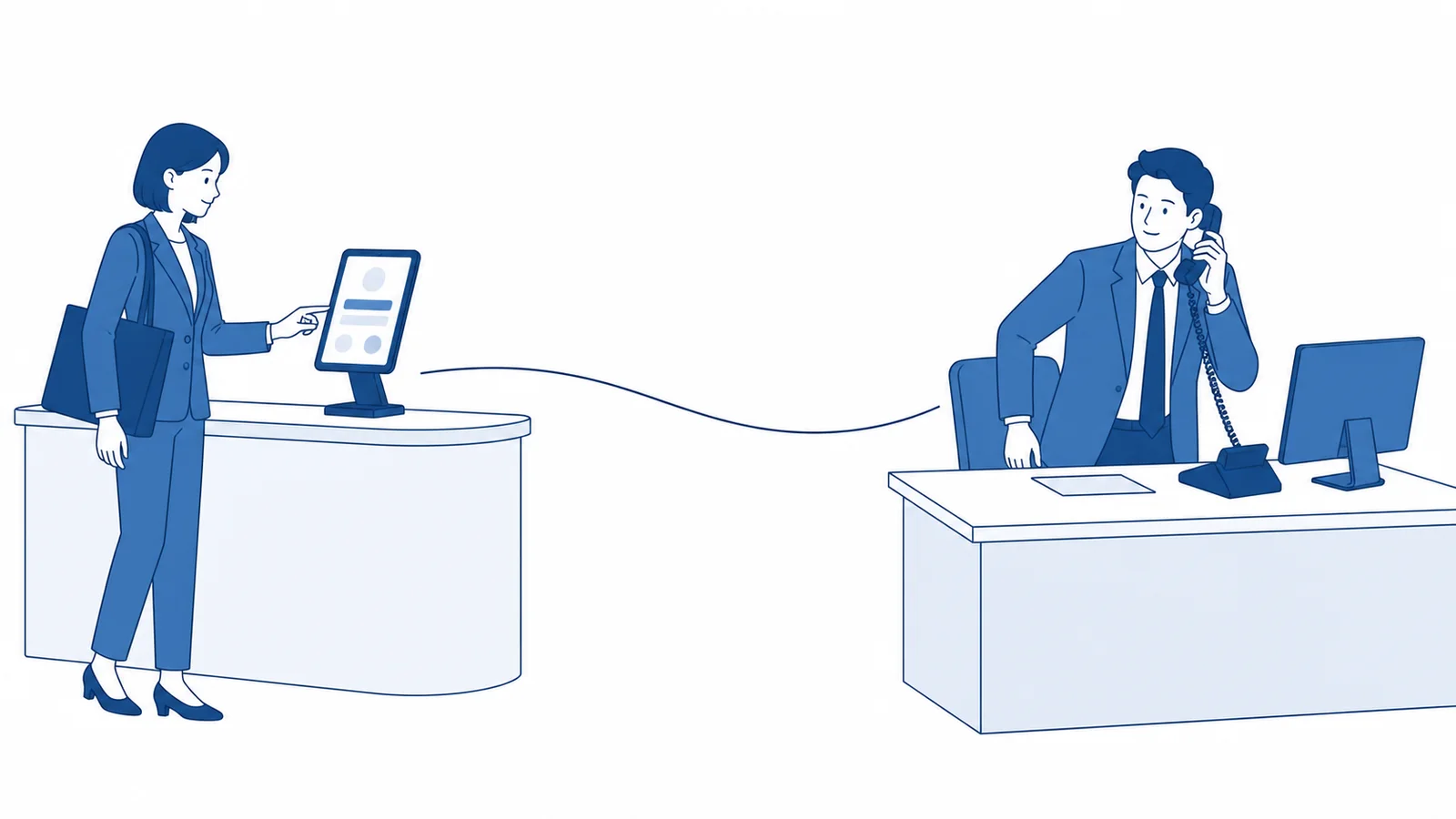An illustration linking a visitor reaching for the iPad at reception to a colleague picking up the handset at a desk further away