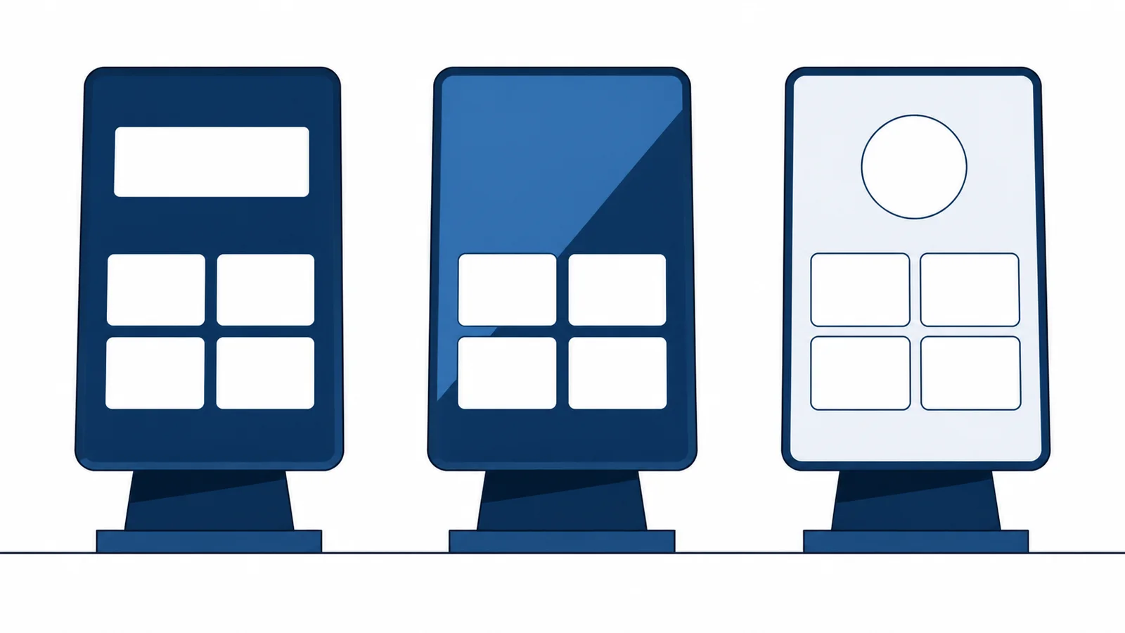 An illustration of three identical reception devices side by side, differing only in the colors and layout on screen
