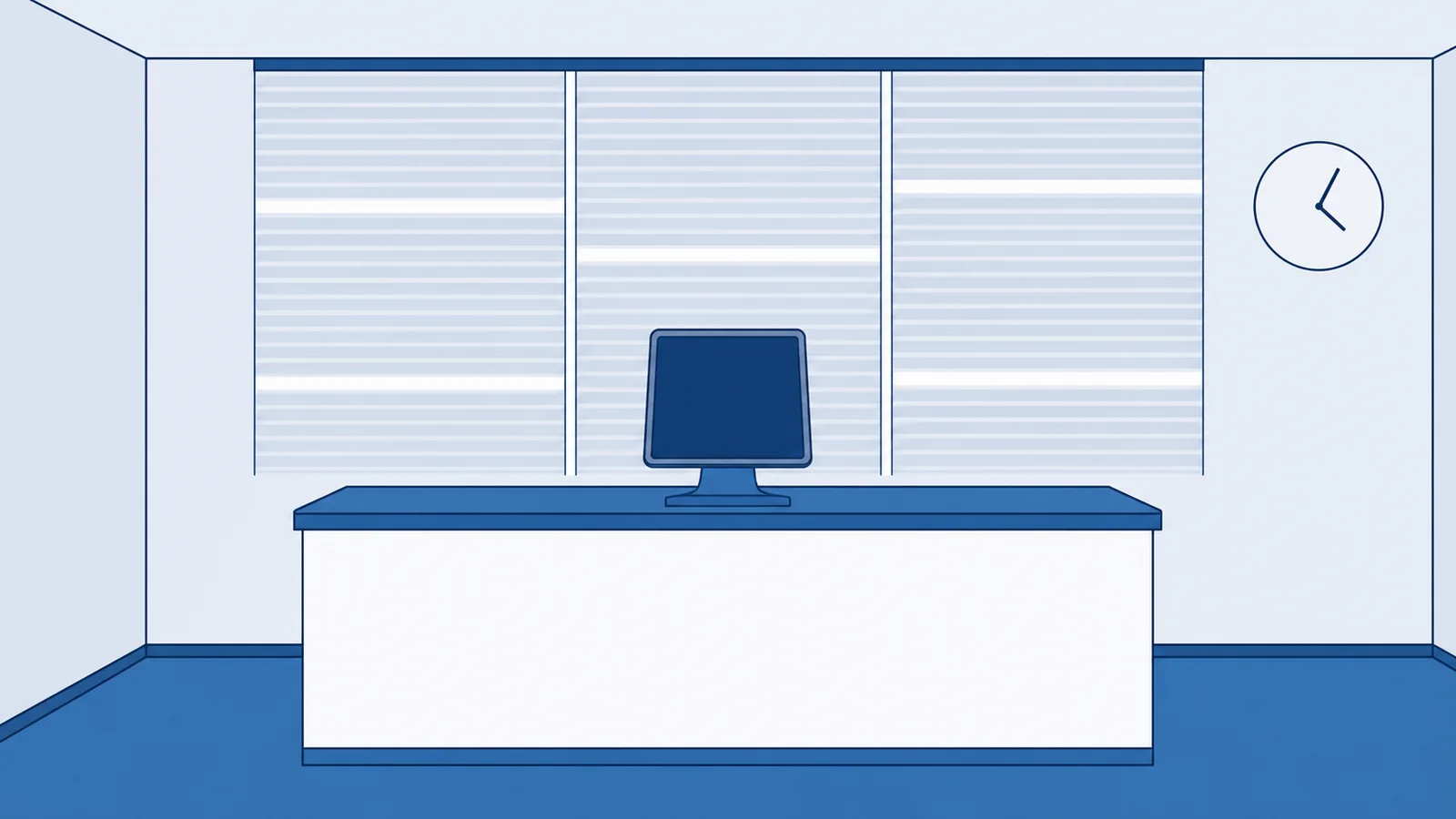 An illustration of an empty lobby with the blinds down, where only the device on the reception counter is lit